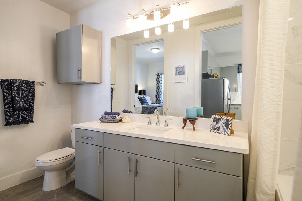 luxury bathroom at Reveal on the Lake apartments