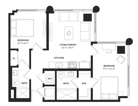 floorplan of a two bedroom luxury apartment at 29 Wyn apartments in Miami, FL