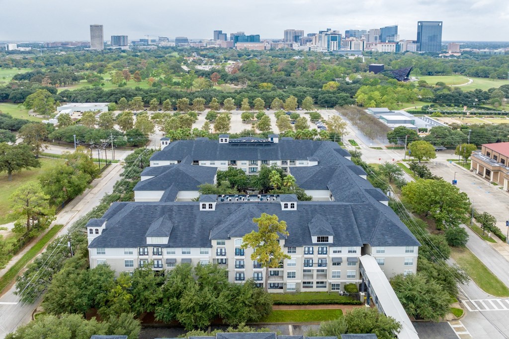 aerial view of The Plaza Museum District luxury Houston apartments