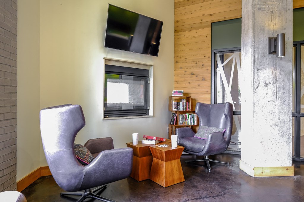 fireplace lounge at Elan Redmond apartments