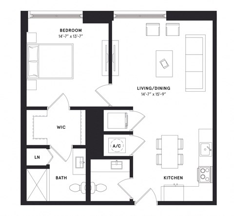 floorplan of a one bedroom luxury apartment at 29 Wyn apartments in Miami, FL
