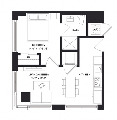 floorplan of a one bedroom apartment at 29 Wyn apartments in Miami, FL