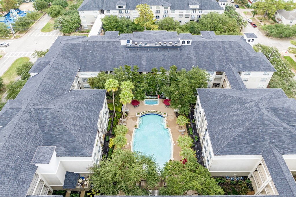 an aerial view of The Plaza Museum District apartments