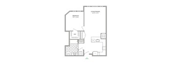 A floor plan of a living space with a bedroom, living/dining area, and a kitchen.