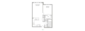 A floor plan of a bedroom with a living area and dining area.