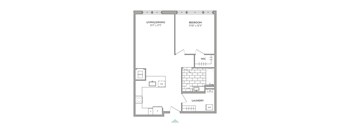 A floor plan of a small apartment with a living/dining area, bedroom, and laundry space.