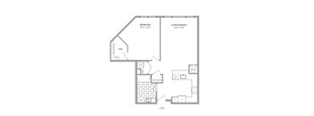A floor plan of a small apartment with a bedroom, living/dining area, and a kitchen.