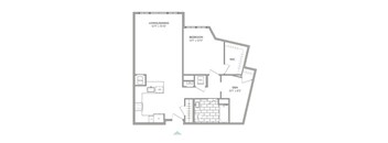 A floor plan of a home with a living/dining area, bedroom, and den.