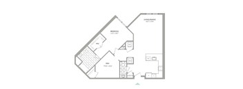 A black and white image of a house floor plan with a living/dining area, bedroom, den, and home office.