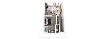 A 3D floor plan of a small apartment with a kitchen, bathroom, and living room.