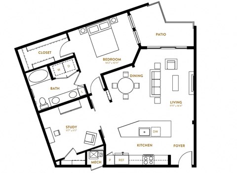 A10 One Bedroom One Bath Floor Plan at Berkshire Pullman, Texas, 75034