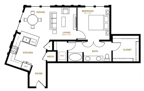 A12 One Bedroom One Bath Floor Plan at Berkshire Pullman, Frisco, TX