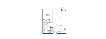 A floor plan of a living space with a bedroom, bathroom, and kitchen.