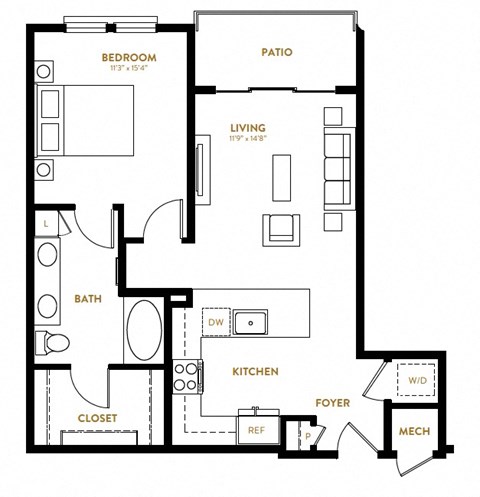 A14 One Bedroom One Bath Floor Plan at Berkshire Pullman, Frisco, Texas