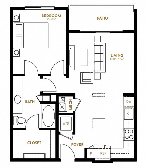 A2 One Bedroom One Bath Floor Plan at Berkshire Pullman, Texas