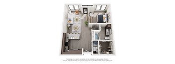 A 3D floor plan of a small apartment with a kitchen, living room, and bedrooms.