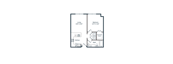 A floor plan of a house with a living room, kitchen, bathroom, and bedroom.