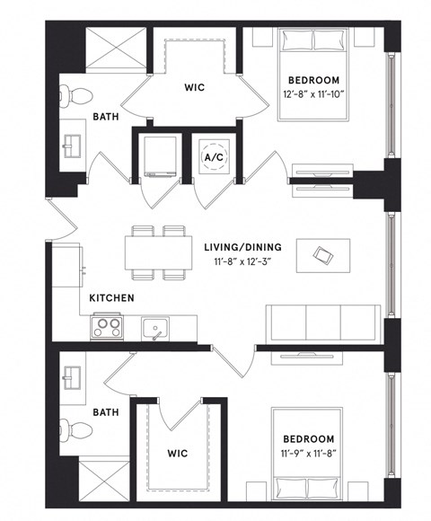 floorplan of a two bedroom luxury apartment at 29 Wyn apartments in Miami, FL