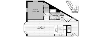 A floor plan of a small apartment with a bedroom, bathroom, living/dining area, and kitchen.