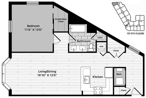 A floor plan of a small apartment with a bedroom, bathroom, living/dining area, and kitchen.