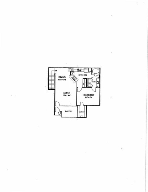 A floor plan of a house with a kitchen, dining room, living room, bedroom, and bathroom.