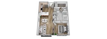 A top-down view of a modern apartment layout with a kitchen, living room, and bedrooms.