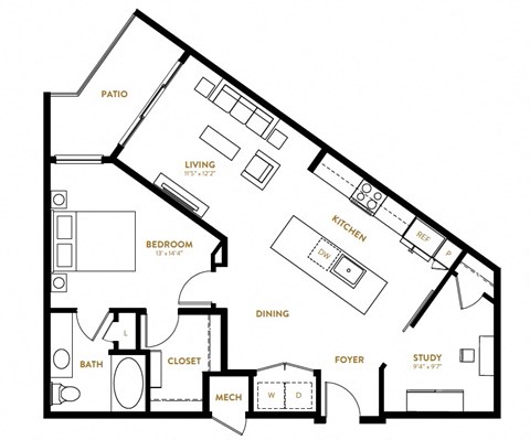 A5 One Bedroom One Bath Floor Plan at Berkshire Pullman, Frisco, TX