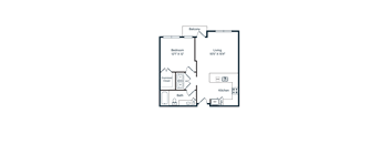 A floor plan of a small apartment with a bedroom, living room, kitchen, bathroom, and overstated closet.