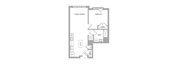 A floor plan of a bedroom with a separate living/dining area.