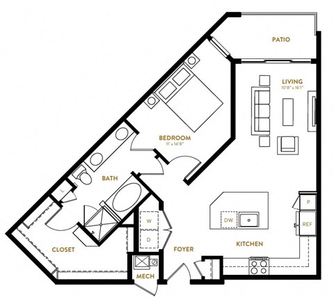 A7 One Bedroom One Bath Floor Plan at Berkshire Pullman, Frisco, Texas