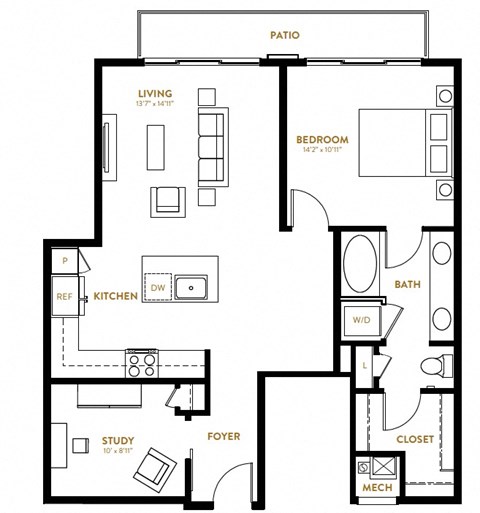 A8 One Bedroom with Study Floor Plan at Berkshire Pullman, Frisco