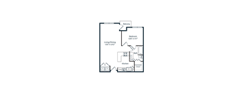 A floor plan of a small apartment with a living room, dining room, kitchen, bathroom, and bedroom.