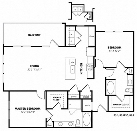 B3 Floor Plan at Berkshire Exchange Apartments, Spring, Texas