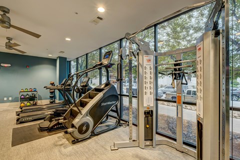 A gym with treadmills, elliptical machines and a fan.