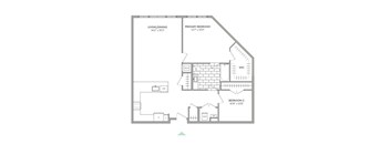 A floor plan of a home with a living/dining area, two bedrooms, and a primary bedroom.