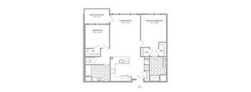 A floor plan of a house with a balcony, two bedrooms, a living room, a dining room, a kitchen, a laundry room, and a garage.