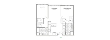 A floor plan of a home with a living room, dining room, and two bedrooms.