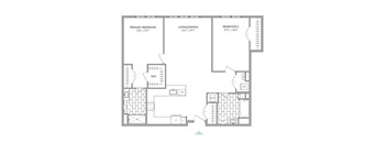 A floor plan of a home with three bedrooms and a living/dining area.