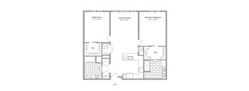 A floor plan of a home with three bedrooms and a living/dining area.