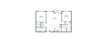 A floor plan of a house with two bedrooms, a living room, a bathroom, a kitchen, and an overhand closet.