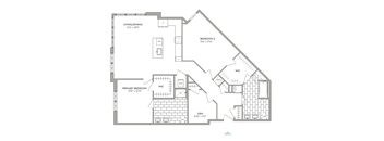 A floor plan of a house with a living/dining area, two bedrooms, a primary bedroom, a den, and a WIC.