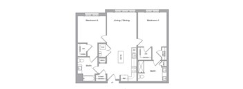 A floor plan of a two bedroom apartment with a living and dining area.
