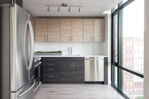 A modern kitchen with a refrigerator on the left and a stainless steel dishwasher in the middle.