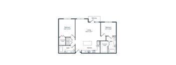 A floor plan of a house with a balcony, two bathrooms, a living room, a dining room, a kitchen, and two bedrooms.