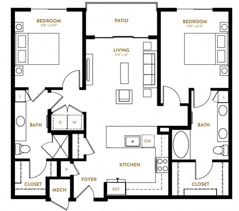 B2 Two Bedroom Two Bath Floor Plan at Berkshire Pullman, Texas, 75034