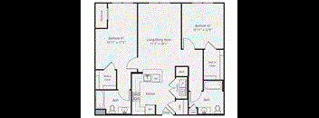 A floor plan of a home with two bedrooms, a living/dining room, a kitchen, a bath, a laundry area, and a walk-in closet.
