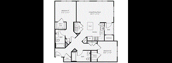 A floor plan of a house with two bedrooms, a living/dining room, a kitchen, a bathroom, and an entry.