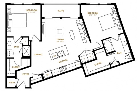 B4 Two Bedroom Two Bath Floor Plan at Berkshire Pullman, Frisco, TX, 75034