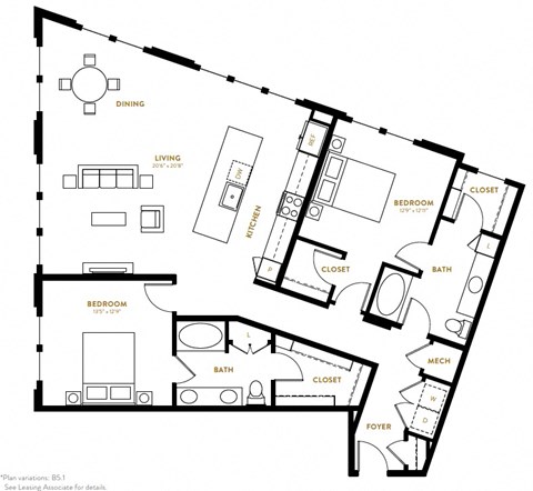 B5 Two Bedroom Two Bath Floor Plan at Berkshire Pullman, Frisco, TX