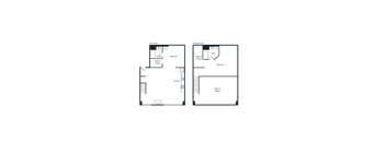A floor plan of a two-story house with a first floor containing a kitchen, dining room, and living room, and a second floor containing two bedrooms.